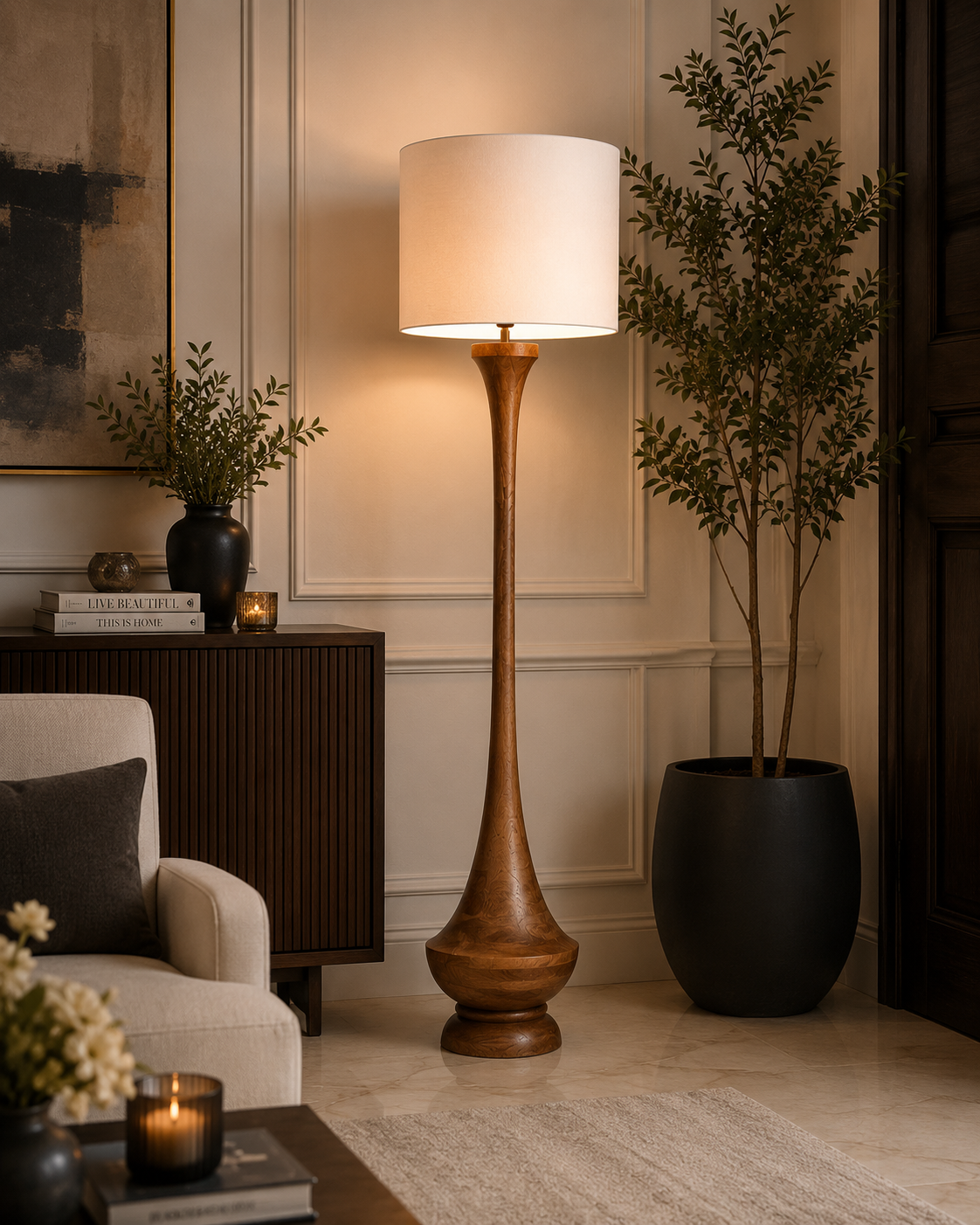 Premium Handcrafted Wooden Floor Lamp with Fabric Shade